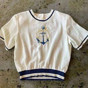 Laura & Jayne Collection Embroidered Nautical Anchor Cream and Navy Top Size 14